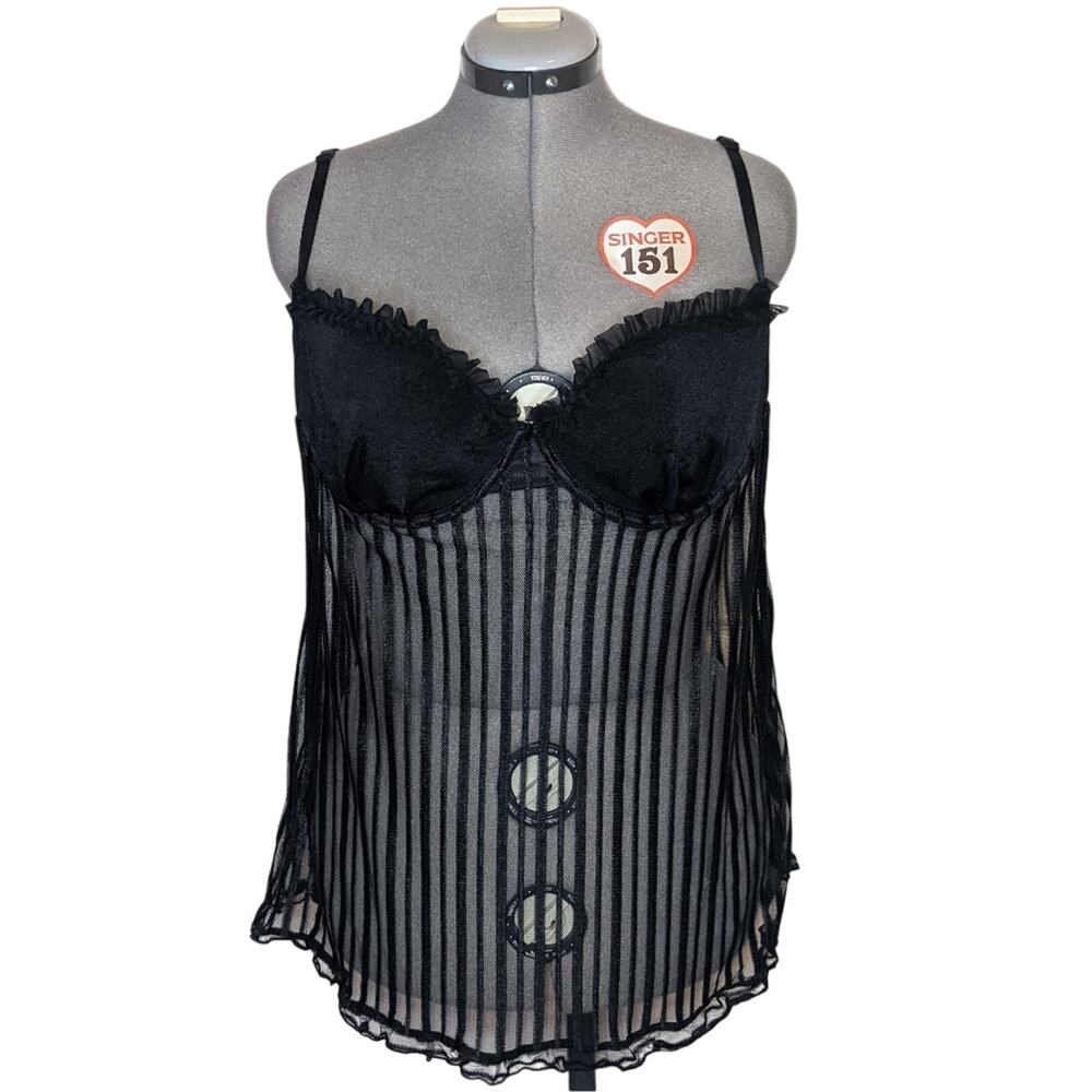 Elegant Moments Sheer Black Striped Ruffle Lined Babydoll 2x